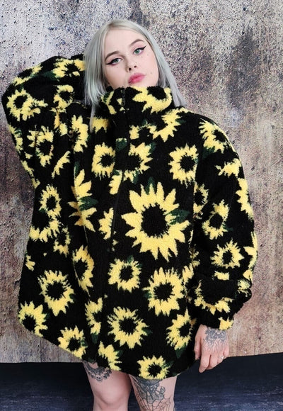 Sunflower fleece bomber handmade daisy floral outdoor jacket