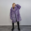 Checked faux fur longline coat geometric trench bright raver bomber fluffy winter fleece festival jacket neon burning man coat in purple