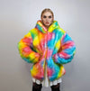 Hooded rainbow fur jacket unicorn bomber neon raver puffer fluffy tie-dye fleece psychedelic festival coat burning man party trench orange