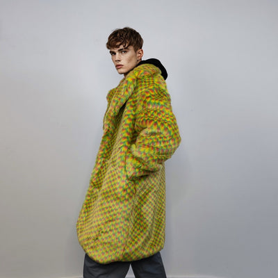 Checked faux fur longline coat geometric trench bright raver bomber fluffy winter fleece festival jacket neon burning man coat in yellow