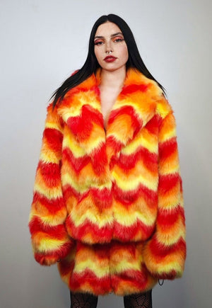 Psychedelic orange coat fauxfur geometric crop hooded bomber