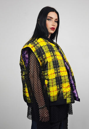 Tartan check varsity jacket purple flame reversible bomber