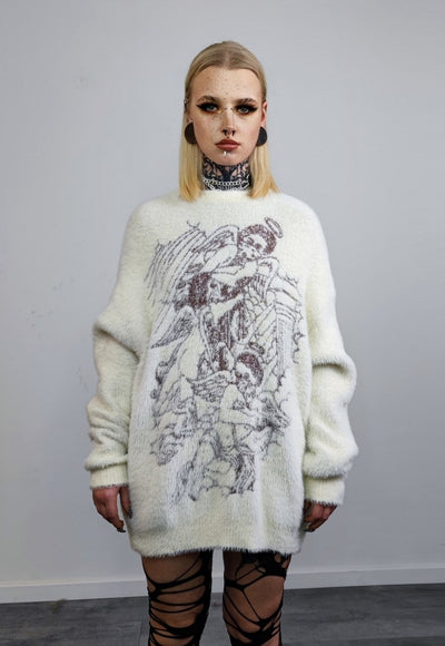 Fluffy sweater long fur grunge jumper angel print top cream