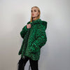 Hooded faux fur leopard jacket animal print bomber bright raver coat fluffy cheetah fleece festival puffer neon burning man overcoat green