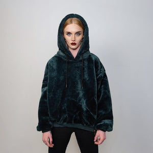 Hooded fleece jacket utility fluffy pullover faux fur punk hoodie side zippers lined Gothic jumper raver top in emerald green