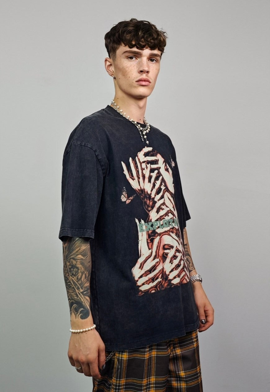 Creepy t-shirt hand print tee retro srt top in vintage grey
