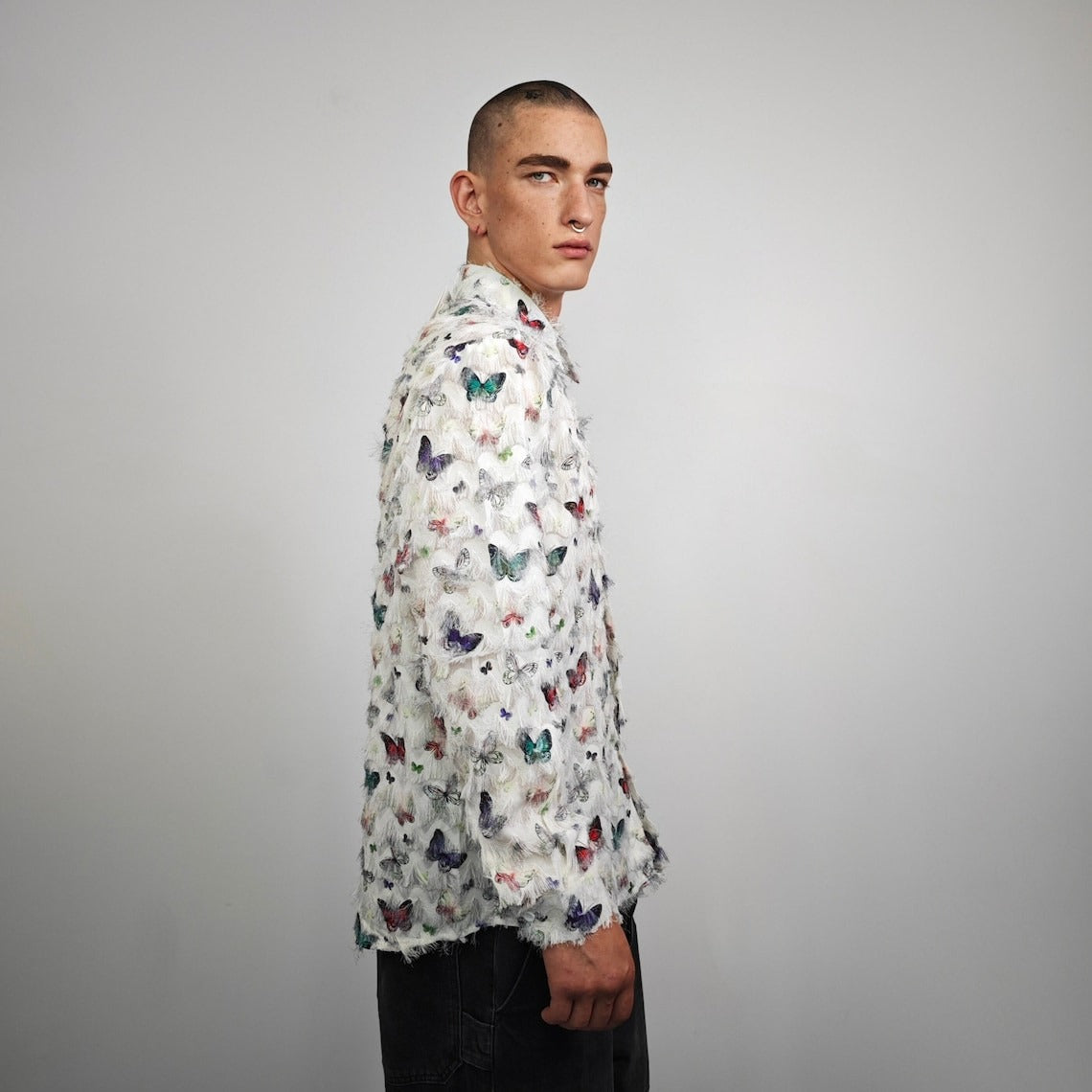 Butterfly print shirt fluffy long sleeve blouse ruffle finish romantic top retro 00s pattern jumper in off white