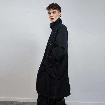 Utility buckle coat grunge bondage jacket strap attachment mac Gothic trench jacket catwalk bomber lapel smart overcoat in black