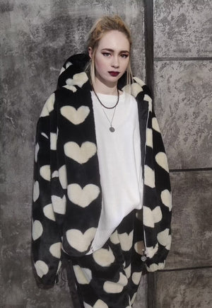 Heart fleece Bomber hand made faux fur love hood coat black