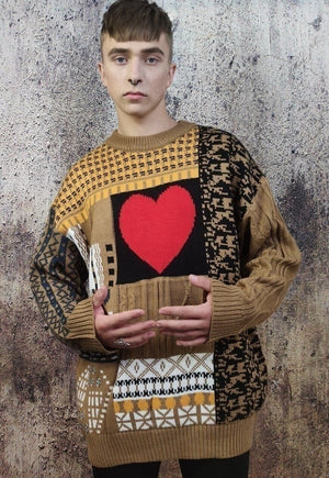 Heart pattern sweater love vintage cable knit jumper brown