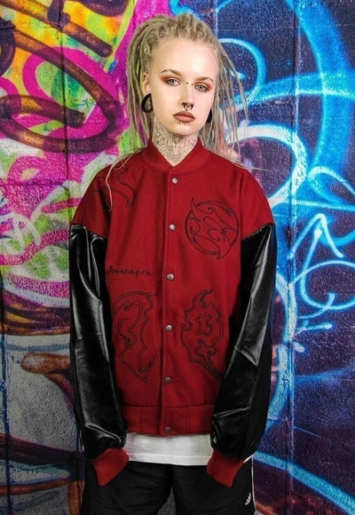 Grunge varsity jacket Gothic patch baseball bomber in red