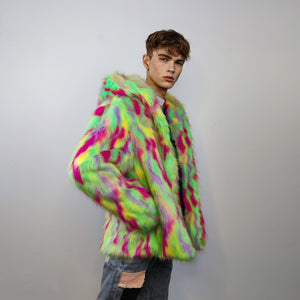 Hooded faux fur jacket psychedelic coat shaggy trench bright raver bomber fluffy fleece festival jacket neon burning man overcoat green pink