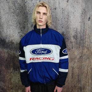 Racing jacket blue motorsports bomber Ford varsity multi patch motorcycle puffer vintage car letterman grunge patchwork F1 coat