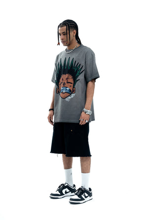 Angry boy t-shirt hunter cartoon tee retro anime top in grey