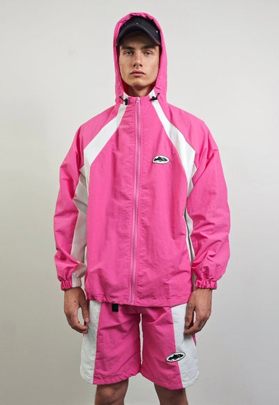 Pink track jacket hooded sports jumper colour block pullover