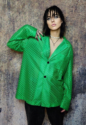 Transparent blazer see through mesh jacket check coat green