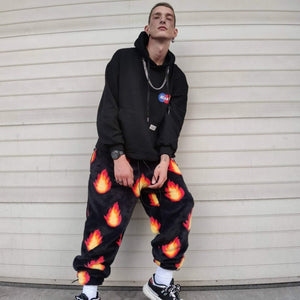 Flame fleece joggers luxury fluffy pants handmade thunder print trousers long hair premium fire festival overalls in black