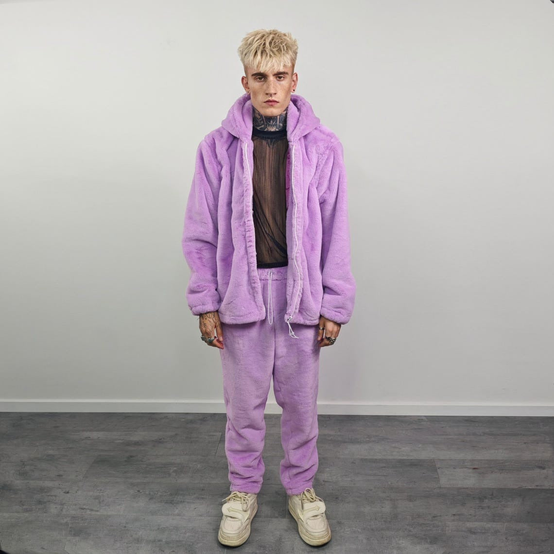 Faux fur joggers lilac soft fleece trousers luxury soft pants handmade party hotpants fluffy festival set raver tracksuit