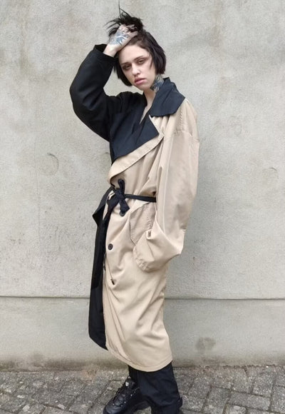 Contrast color stitched trench coat asymmetric mac in cream