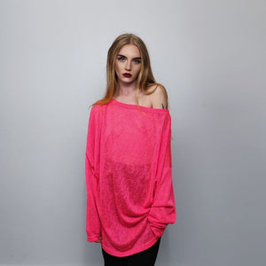 Deep V-neck sheer top revealing transparent sweatshirt cut out neck long sleeve see-through t-shirt rocker jumper edgy baggy tee in pink