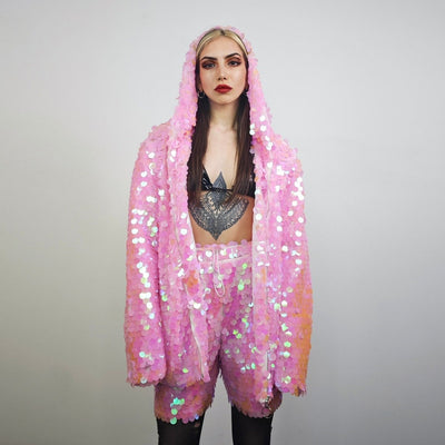 Pink sequin jacket hooded mermaid bomber holographic pullover luminous festival coat rave top fairy overcoat carnival sweatshirt