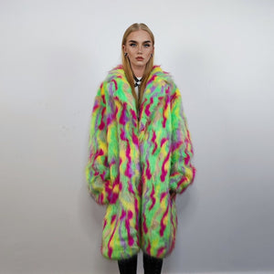 Psychedelic faux fur longline coat shaggy trench bright raver bomber fluffy winter fleece festival jacket neon burning man coat green pink