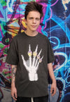 Skeleton hand print tee Golden ring grunge t-shirt in grey