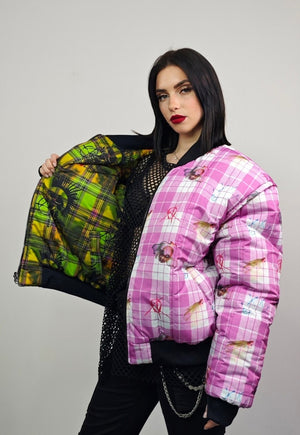 Punk varsity jacket pink plaid check reversible rave bomber