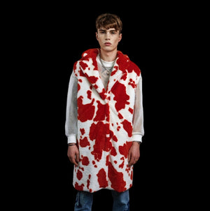 Cow print faux fur long coat hooded spot print trench rave bomber detachable fleece festival removable sleeves burning man jacket red white