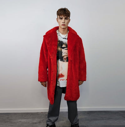 Red faux fur longline coat shaggy trench bright raver bomber fluffy winter fleece festival jacket burning man coat