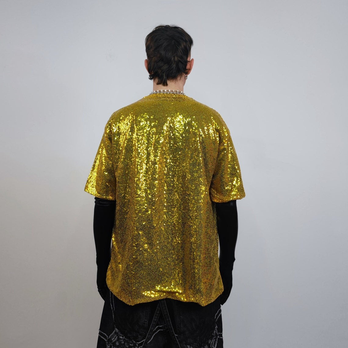 Gold sequin t-shirt glitter top sparkle jumper party pullover glam rock jumper fancy dress embellished going out tee in luminous yellow
