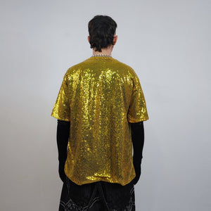 Gold sequin t-shirt glitter top sparkle jumper party pullover glam rock jumper fancy dress embellished going out tee in luminous yellow