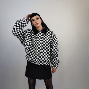 Check print bomber jacket Chequerboard varsity SKA aviator chess pattern coat in black and white