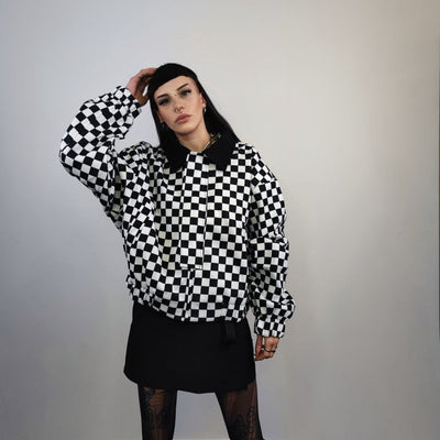 Check print bomber jacket Chequerboard varsity SKA aviator chess pattern coat in black and white