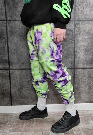 Detachable check joggers handmade shorts tie-dye pants acid