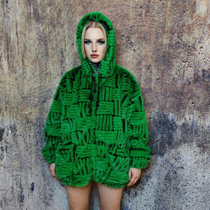 Faux fur luxury jacket handmade premium check fleece jacket fluffy hooded high fashion stripe coat in green back