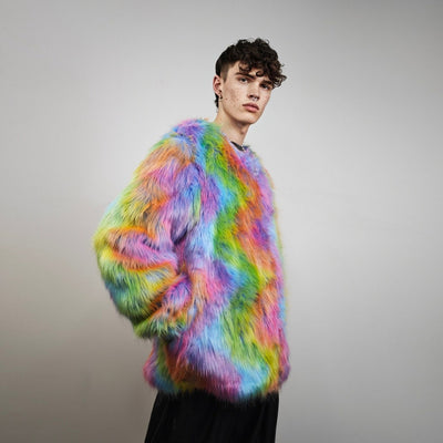 Rainbow faux fur jacket collarless tropical coat bright raver bomber fluffy carnival fleece luminous festival pullover burning man overcoat