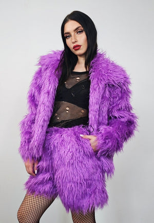 Shaggy faux fur jacket purple hairy fuzzy rave festival coat