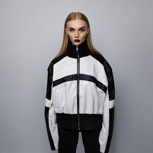 Faux leather motorcycle jacket PU racing bomber cropped college jacket edgy varsity jacket raised neck biker coat in white black