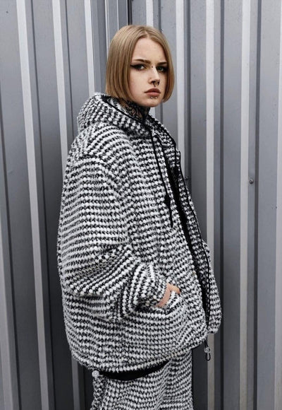 Check fleece jacket detachable fluffy hounds tooth bomber