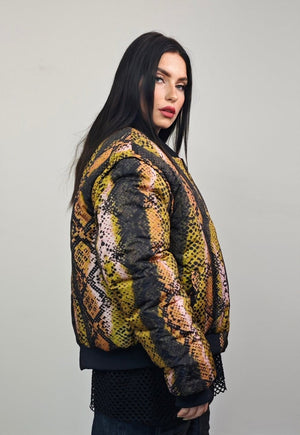 Snake print varsity jacket brown python reversible bomber