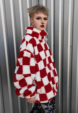 Reversible check fleece jacket handmade chess coat red