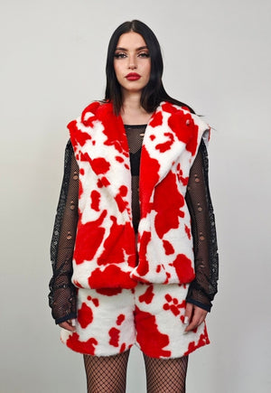 Short cow print coat red cropped animal print trench jacket