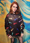 Emoji baggy hoodie handmade y2k cat cartoon pullover black