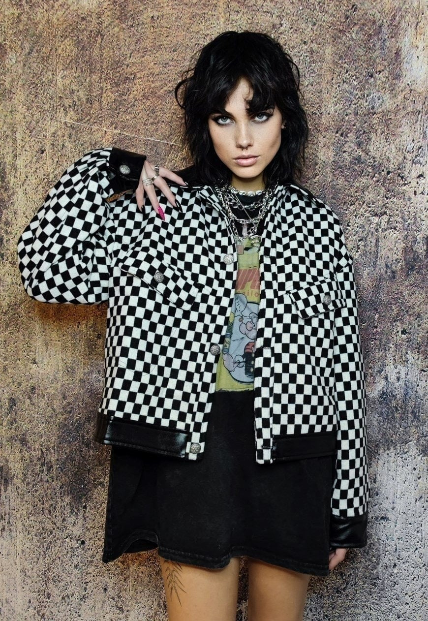 Check bomber faux leather collar flight jacket retro varsity