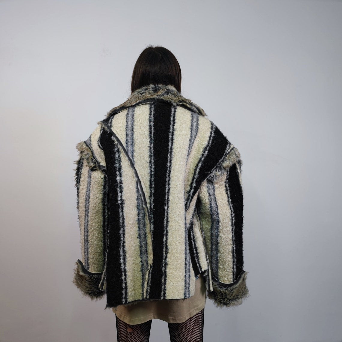 Nordic style faux fur jacket Viking coat Nomad sheep imitation trench short shaggy bomber festival striped biker lapel fleece peacoat brown