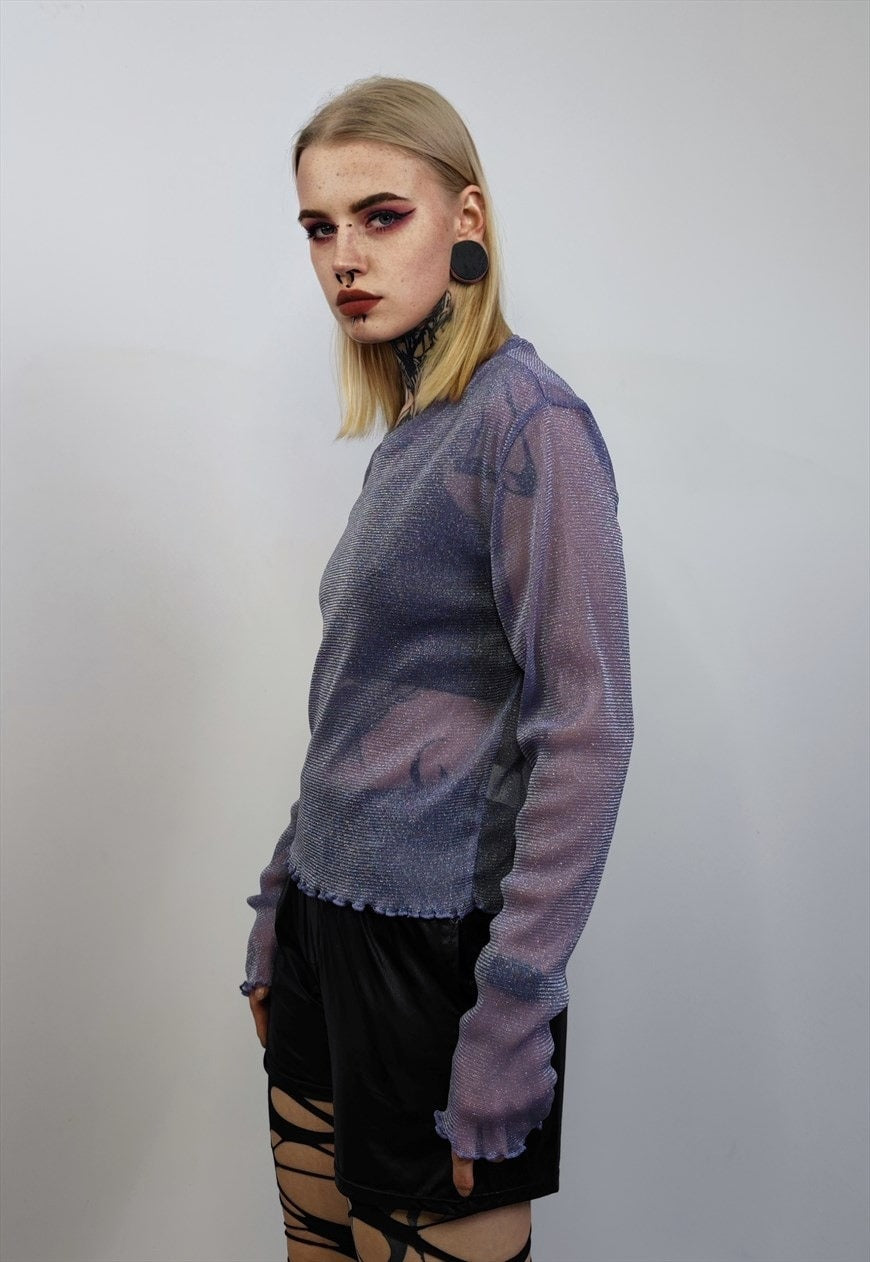 Transparent shiny top ruffle sleeve seethrough blouse purple
