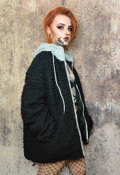 Fluffy fleece jacket faux fur 90s hooded bomber in black