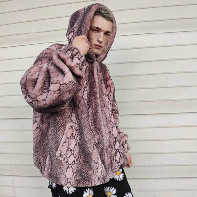 Luxury snake jacket faux fur python print bomber handmade fluffy catwalk fleece puffer premium grunge hooded coat in pastel pink black