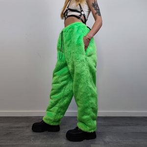 Neon faux fur joggers winter raver pants fluffy skiing trousers mountain fleece overalls festival bottoms burning man pants in green